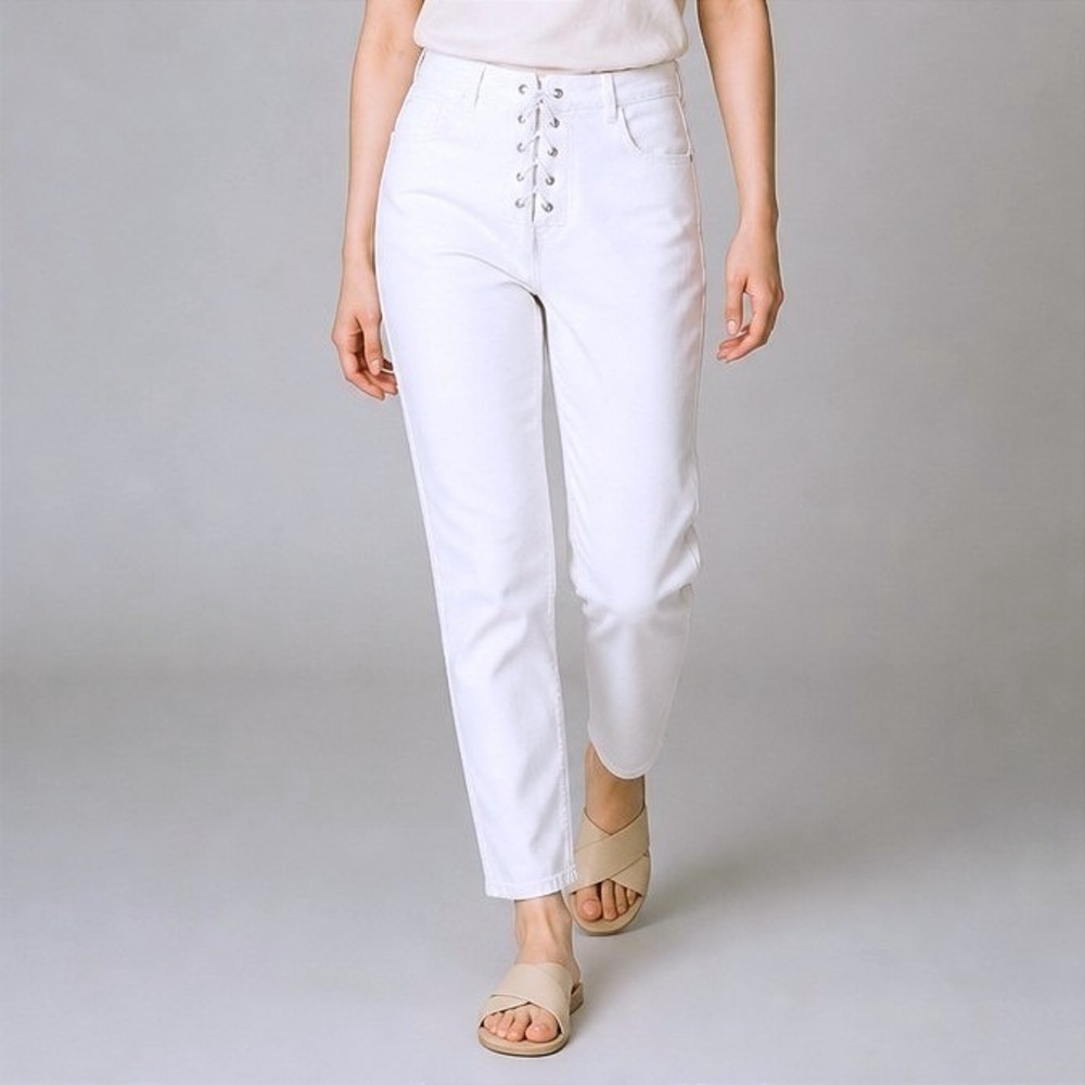 Notations Womens White Lace Up Front Denim Tapered Pants Classic Pockets Size 16